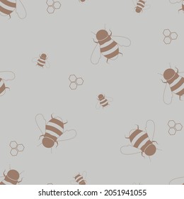 Silhouettes of bees on a gray seamless pattern. Delicate background with bees and honeycombs. Cartoon bees vector illustration. Design for apiary, honey store, packaging, fabric.