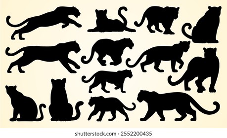 Silhouettes of big cats in various poses, including walking, running, and sitting.