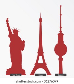 Silhouettes of big cities' monuments; Nyc, Paris, Berlin