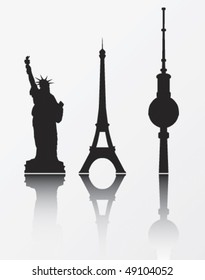 Silhouettes of big cities' monuments; Nyc, Paris, Berlin