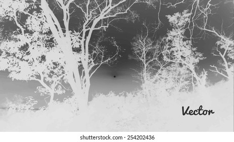 Silhouettes of big trees in the park on sunset. detailed vector illustration