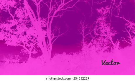 Silhouettes of big trees in the park on sunset. detailed vector illustration
