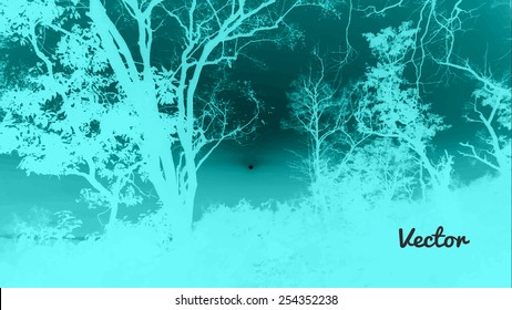 Silhouettes of big trees in the park on sunset. detailed vector illustration