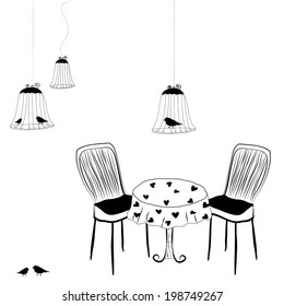 silhouettes birdcage with table and chairs. vector