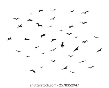 Silhouettes of Birds. Black-winged Shadows. Flock of Birds in Elegant Shapes across the twilight sky. Graceful Avian Outlines. Aerial Dance of Feathered Creatures. Sleek Soaring Birds on the Horizon.