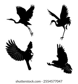 Silhouettes of birds doodle set. Black collection design animal cartoon for nature. Element graphic drawing sketch and isolated white background. Abstract decoration symbol