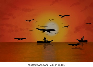 silhouettes of birds and fishermen with small boats, with a sunset in the background