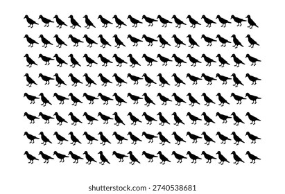 Silhouettes of birds in flight, forming rows, avian group, animal shapes, dark imagery.