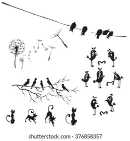 silhouettes of birds and flowers dandelion, birds on wires, vector isolated