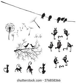 silhouettes of birds and flowers dandelion, birds on wires, vector isolated