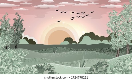 silhouettes of birds flying over fields, hills, forest, trees and bushes, against the backdrop of sunset, sky with the setting sun and clouds. beautiful evening landscape. vector