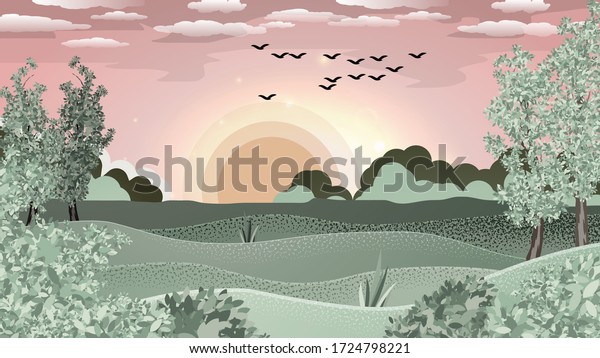 silhouettes of birds flying over fields, hills, forest, trees and bushes, against the backdrop of sunset, sky with the setting sun and clouds. beautiful evening landscape. vector