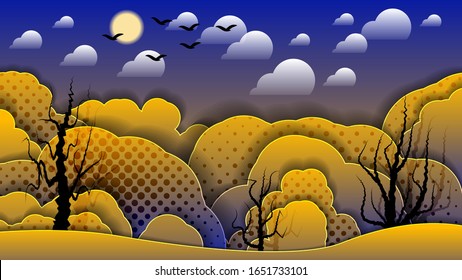 Silhouettes of birds flying in the sky with the sun and clouds, above an abstract forest, dry trees and a field. abstract landscape. Wallpaper flat design. vector image
