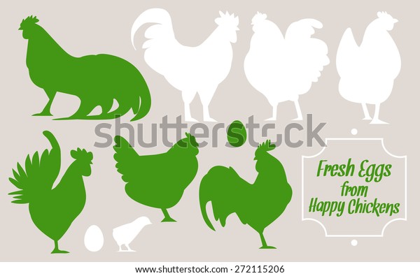 Silhouettes of birds. Hens and chickens,\
fresh eggs. Variety silhouette.Flat\
illustration.