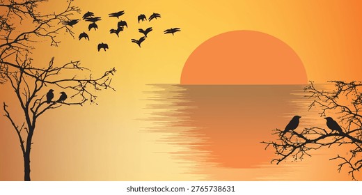 Silhouettes of birds on tree branches and in flight against a vibrant orange and yellow sunset over water, creating a serene and natural scene.