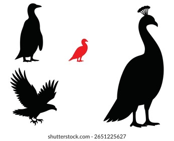Silhuetas de pássaros, pavão, pinguim e águia. conjunto de silhuetas de pássaros