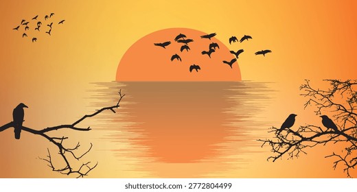 Silhouettes of birds perched on tree branches, with a large sun setting over rippling water and a flock of birds flying in the distance.