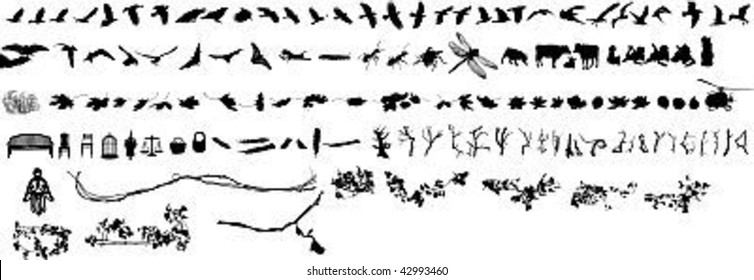 silhouettes of birds, plants, etc.