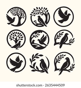 silhouettes of birds, set of birds silhouettes, pigeons collection