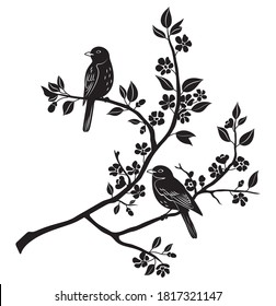 Silhouettes of birds sitting on tree branches. Black outline of a flock of spring birds. Decorative tree branch with sparrow. Black and white illustrations of the inhabitants of the fauna. Tattoos.