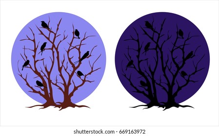 Silhouettes of birds sitting on a tree day and night