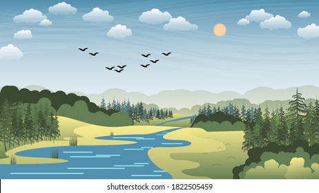 silhouettes of birds in the sky with the sun and clouds flying over the river, hills, fields, forests, conifers. beautiful summer natural landscape. vector