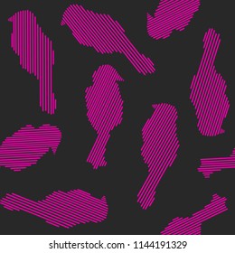 Silhouettes of birds from strips seamless pattern. Seamless animal print with birds. Trendy design for textile, cards, covers and other decorations. Vector illustration. Abstract geometric texture