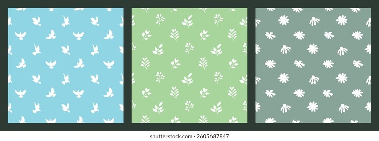 Silhouettes of birds, twigs and flowers. Seamless patterns set. Flying pigeon, branches and buds of different shapes. White elements on blue, green and grey backgrounds. Vector designs for textile.