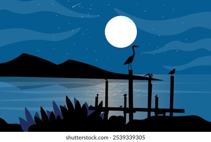 Silhouettes of birds under a moonlit night