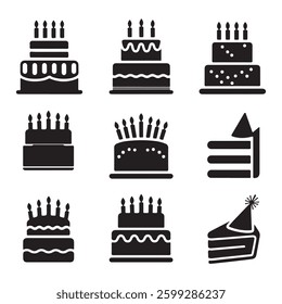 Silhouettes With Birthday Cake Design Set Vector illustration