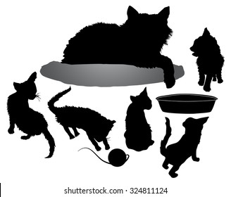 Silhouettes of black cat with five kittens, bowl and ball of yarn