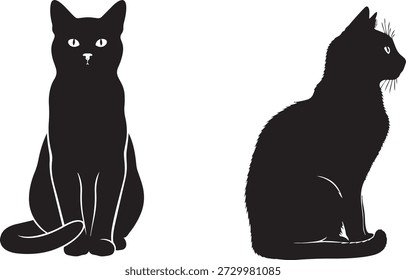 Silhouettes of black cats in different poses, one facing forward and the other in profile, are presented against a plain white background, exemplifying feline elegance and design simplicity.