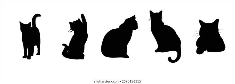 Silhouettes of black cats. Set of animal stickers. Black cat silhouettes set, cat sticker collection, feline animal clipart, black cat vector icons