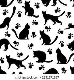 Silhouettes of black cats in various poses seamless vector pattern. Pets walk, play, hunt, sit, wash. Cute kittens and paw prints. Simple monochrome background with animals for fabric, wallpaper, web