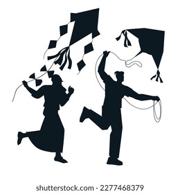 Silhouettes black contour images of man and woman flying air kite, vector illustration isolated on white background. People launch air kite flying toy. Monochrome silhouette for stencil and print.