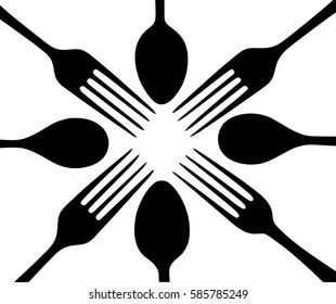 Silhouettes of black forks and spoons on white background