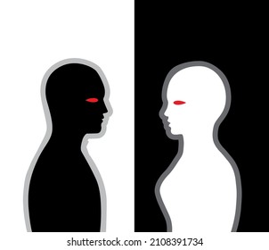 Silhouettes of a black man and white woman face each other. Each has a red eye