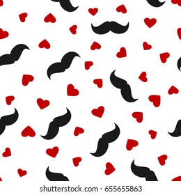 Silhouettes of black men's mustaches and red hearts scattered on a white background. Seamless pattern. Vector illustration.