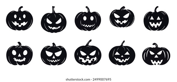 Silhouettes of black pumpkins for Halloween. Vector elements for design and decorations for the autumn annual holiday.