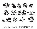 Silhouettes Of Black Splashes With Droplets. Water Drop Shapes, Liquid Burst Splashes, Ink Blots With Drops Elements Set