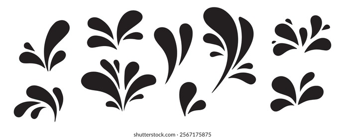 Silhouettes Of Black Splashes With Droplets. Water Drop Shapes. vector illustration. Eps 10