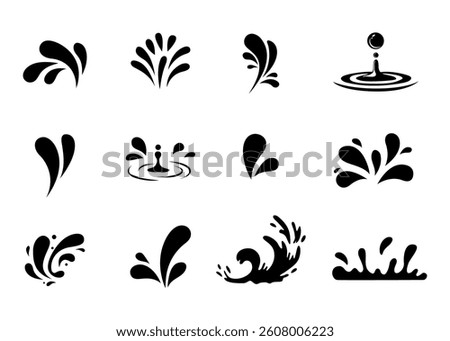 Silhouettes Of Black Splashes With Droplets. Water Drop Shapes, Liquid Burst Splashes, Ink dropes. Set of vector water drops.