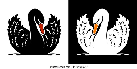 Silhouettes of black swan with red beak and white swan with yellow beak