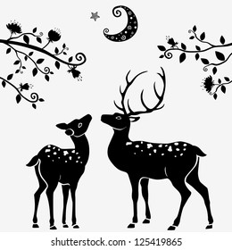 silhouettes of black and white illustration of two deer