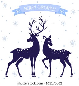 silhouettes of black and white illustration of two deer Christmas