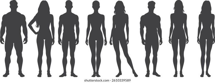 Silhouettes of black and white men and women standing vector illustration set collection