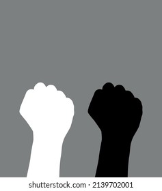 Silhouettes of black and white raised fists on gray background. Anti-racism, human rights, feminism, equality concept. Black lives matter movement. Vector illustration