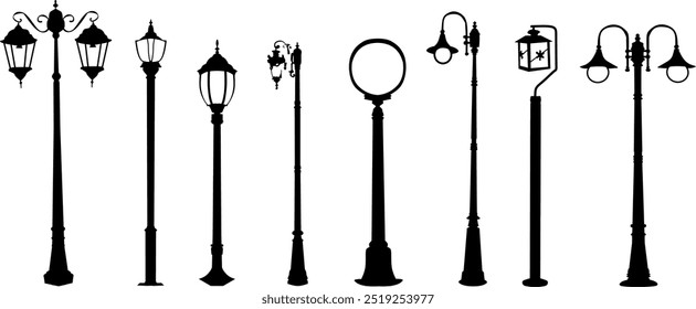 Silhouettes Black And White of Various Vintage Street Lamps Collection