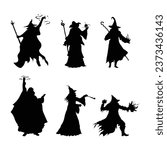Silhouettes of Black Wizards with Wands and Spells.