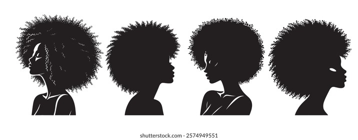 Silhouettes of Black Women, Celebrating Natural Hair and Diverse Expressions of Afro Beauty in Graphic Art